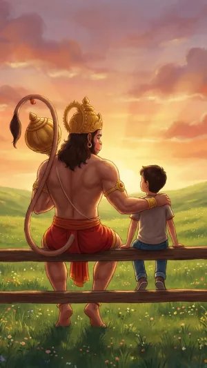 Lord Hanuman Blessing Child at Sunset Wallpaper