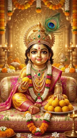 Laddu Gopal with Laddus Divine Temple Wallpaper