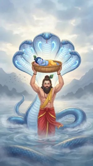 Divine Journey of Baby Krishna and Sheshnag 4K Wallpaper for iPhone & Android