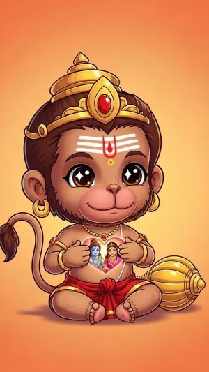 Cute Bal Hanuman with Shri Ram in His Heart 4K Wallpaper for iPhone & Android