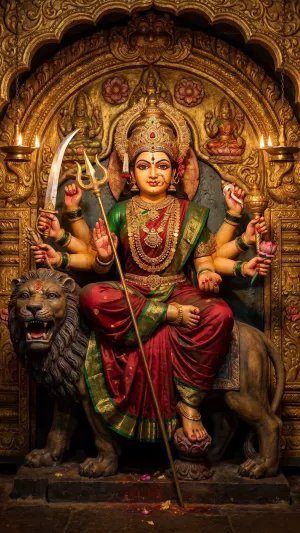 Maa Durga on Lion in Golden Temple Sanctuary 4K Wallpaper for iPhone & Android
