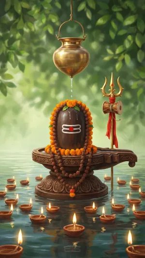 Sacred Shivling Abhishek with Trishul and Diyas 4K Wallpaper for iPhone & Android