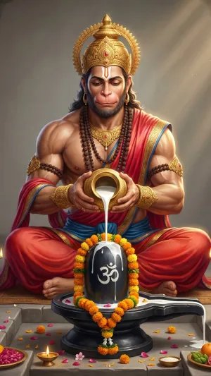 Hanuman Performing Shiva Lingam Abhishek with Devotion 4K Wallpaper for iPhone & Android