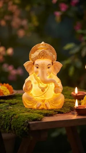 Radiant Lord Ganesha Lamp Amid Sacred Diwali Lights 4K Wallpaper for iPhone & Android