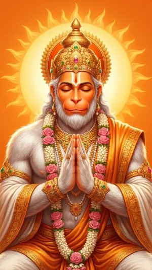 Divine Hanuman in Sacred Prayer Beneath the Radiant Sun Halo 4K Wallpaper for iPhone & Android