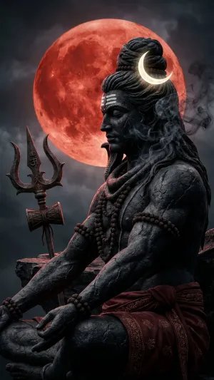 Meditative Lord Shiva Beneath the Crimson Blood Moon 4K Wallpaper for iPhone & Android