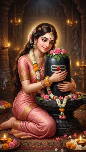 Devotional Embrace of the Sacred Shiva Lingam in a Temple Sanctuary