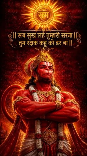 Powerful Lord Hanuman with Sacred Hanuman Chalisa Quote and Divine Ram Emblem