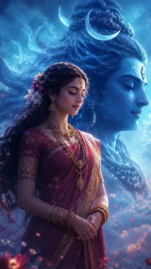 Divine Goddess Parvati with Cosmic Lord Shiva – Celestial Devotional Fantasy Art