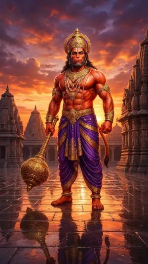 Majestic Lord Hanuman Standing with Divine Gada at Sacred Temple