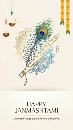 Elegant Krishna Flute & Peacock Feather Janmashtami Art