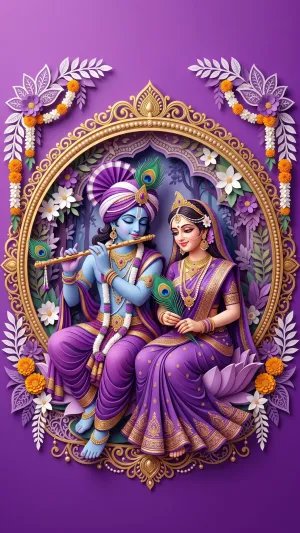 Royal Purple Radha Krishna Floral Mandala Art