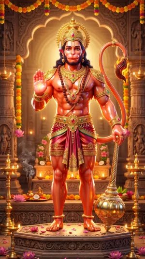 Divine Lord Hanuman Standing Blessing Wallpaper in Golden Temple