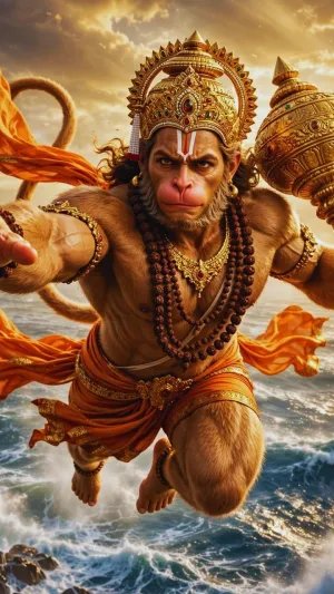 Flying Lord Hanuman Wallpaper – Divine Power Over the Ocean