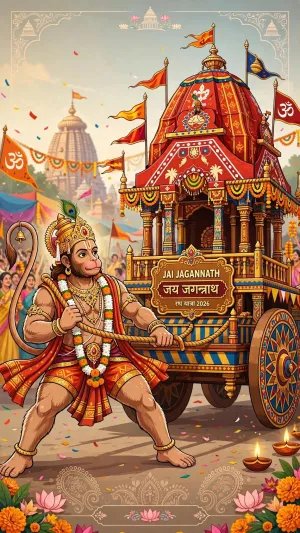 Jai Jagannath Rath Yatra 2026 Wallpaper – Hanuman Pulling the Divine Chariot