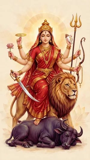 Maa Durga Wallpaper – Divine Sherawali Mata with Lion and Mahishasura