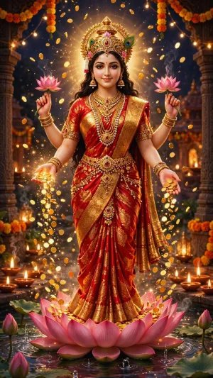 Goddess Lakshmi Showering Gold Coins Wallpaper – Divine Wealth and Prosperity