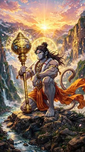 Divine Lord Hanuman with Sacred Gada Wallpaper – Celestial Valley Sunrise HD