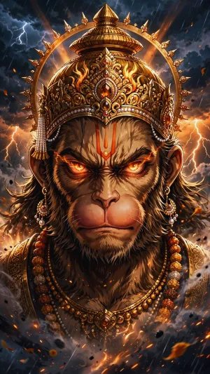 Wrathful Lord Hanuman Wallpaper – Fiery Divine Eyes & Thunderstorm HD 4K
