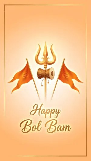 Happy Bol Bam Wallpaper – Golden Trishul, Damru & Om Flags HD Devotional Background