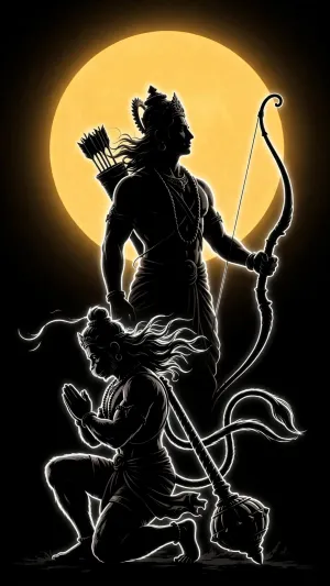 Lord Rama and Hanuman Silhouette Wallpaper – Divine Devotion Under the Golden Moon