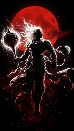 Lord Hanuman Crimson Moon – Divine Bajrangbali Power Art