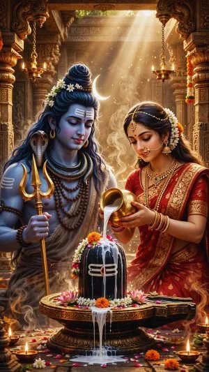 Lord Shiva & Goddess Parvati Performing Shivling Abhishek