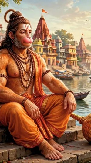 Hanuman Ji by the Sacred River Ghats – Peaceful Temple City Wallpaper