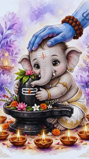 Little Ganesha Embracing the Sacred Shivling