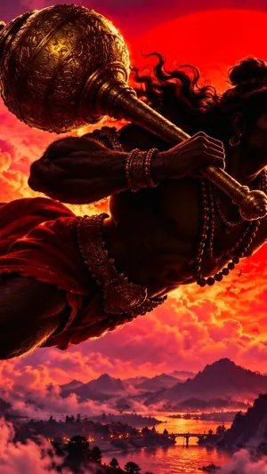 Lord Hanuman Flying with Golden Gada Against a Fiery Red Sun