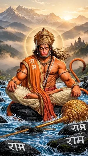 Divine Lord Hanuman Meditating Beside a Mountain Stream