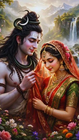 Divine Shiva and Parvati in a Serene Himalayan Garden