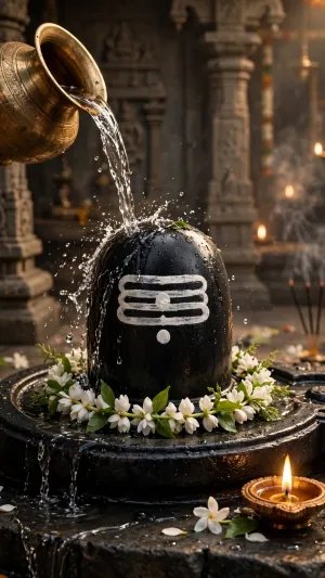 Sacred Shiva Lingam Abhishekam in a Temple Sanctuary