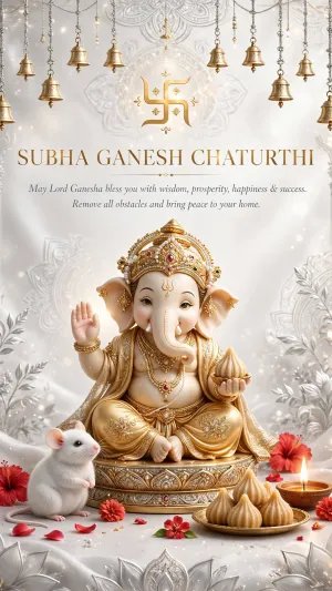 Elegant Lord Ganesha Ganesh Chaturthi Greeting with Golden Decor and Traditional Festive Elements