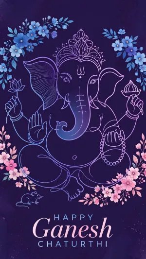 Elegant Ganesha Line Art with Floral Decorations on Dark Purple Background