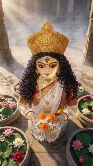 Divine Goddess Durga Idol with Golden Crown and Flowers in a Sacred Temple Setting