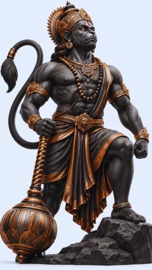 Powerful Lord Hanuman Statue with Golden Ornaments and Gada