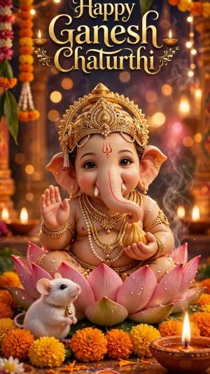 Adorable Baby Ganesha Sitting on a Pink Lotus with Marigold Flowers and Diya