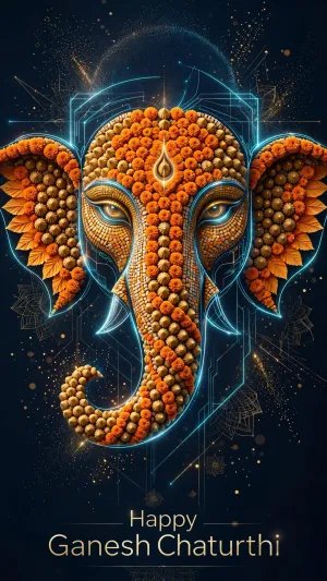 Creative Marigold Ganesha with Modak Mosaic Design and Neon Blue Glow