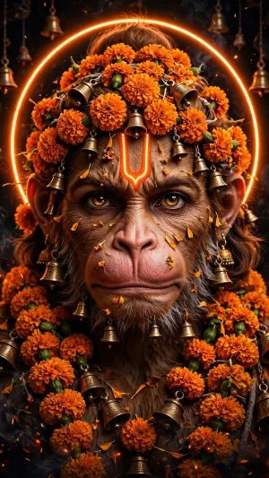 Powerful Lord Hanuman Portrait Adorned with Marigold Flowers and Temple Bells with Glowing Halo