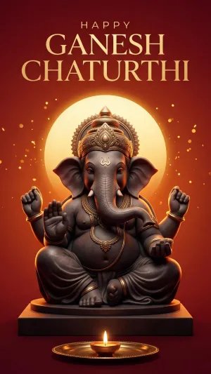 Elegant Lord Ganesha Idol with Golden Halo and Diya on Deep Red Background