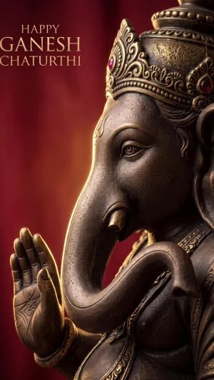 Majestic Lord Ganesha Close-Up with Ornate Crown and Raised Blessing Hand on Rich Crimson Background