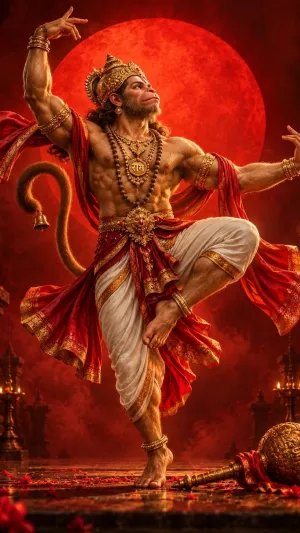 Dynamic Lord Hanuman Performing a Divine Dance Before a Glowing Red Moon in a Temple Setting