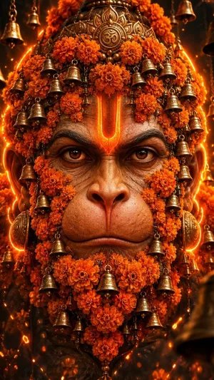 Divine Hanuman Face Adorned with Marigold Garlands and Temple Bells in a Radiant Sacred Aura