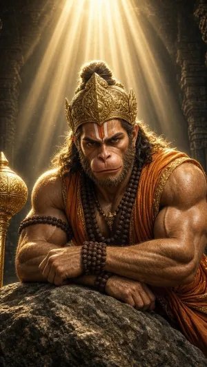 Majestic Lord Hanuman in a Sacred Temple with Golden Divine Light and Ornate Crown