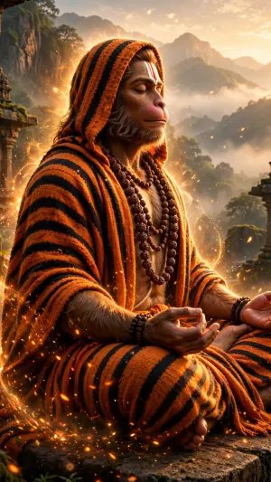 Meditative Hanuman in Sacred Mountain Temple with Saffron Robe and Divine Golden Aura