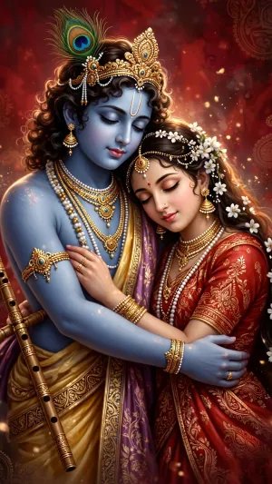 Divine Radha Krishna Embrace with Peacock Feather Crown and Traditional Indian Attire