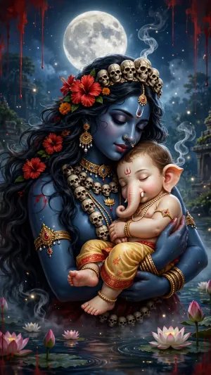 Divine Mother Kali Embracing Ganesha Beneath a Moonlit Sacred Sky