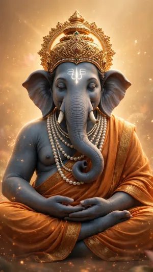 Meditating Lord Ganesha with Golden Crown, Pearl Mala and Radiant Spiritual Aura