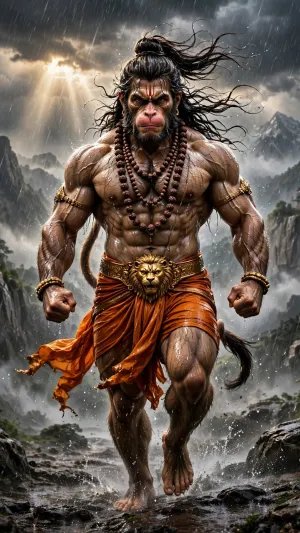 Fierce Lord Hanuman Walking Through a Stormy Mountain Landscape
